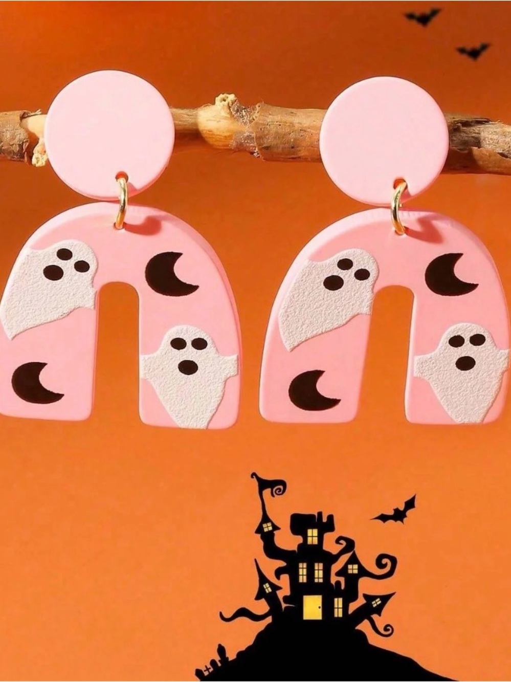 Pink Ghost Moon Dangle Earrings - Picture 3 of 3